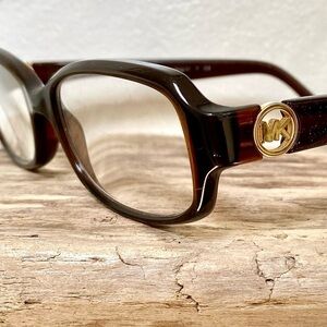 Michael Kors dark brown glasses timeless modern style w gold glitter and gold MK